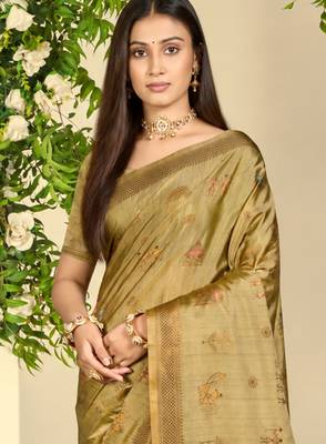 olive green silk blend woven work traditional saree 2