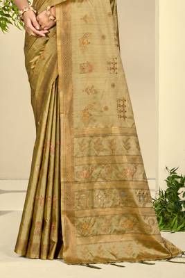 olive green silk blend woven work traditional saree 3