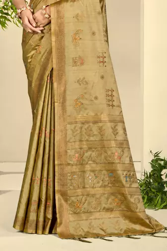 olive green silk blend woven work traditional saree