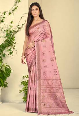 baby pink silk blend woven work traditional saree 1