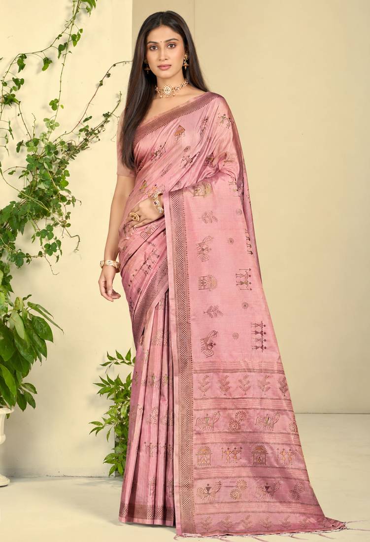 baby pink silk blend woven work traditional saree