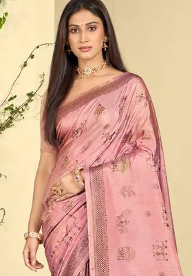 baby pink silk blend woven work traditional saree 2