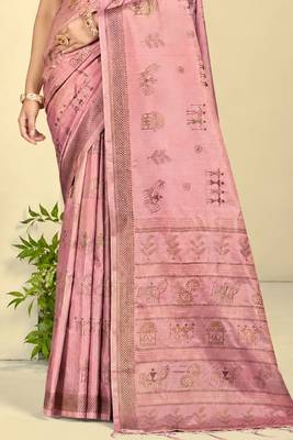 baby pink silk blend woven work traditional saree 3