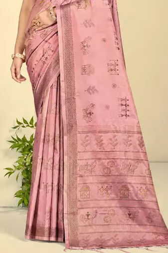 baby pink silk blend woven work traditional saree