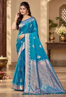 turquoise blue satin woven work traditional saree 1