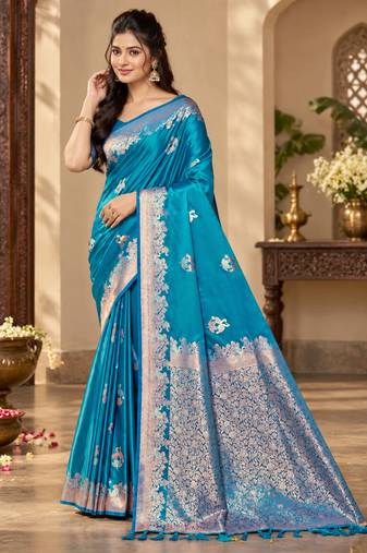 turquoise blue satin woven work traditional saree