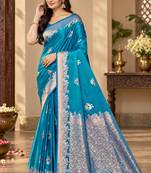turquoise blue satin woven work traditional saree