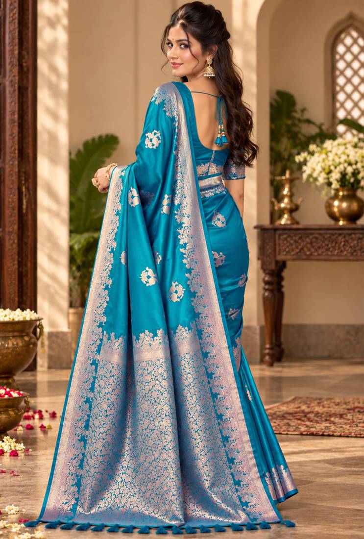 turquoise blue satin woven work traditional saree