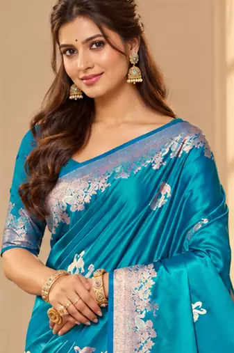 turquoise blue satin woven work traditional saree