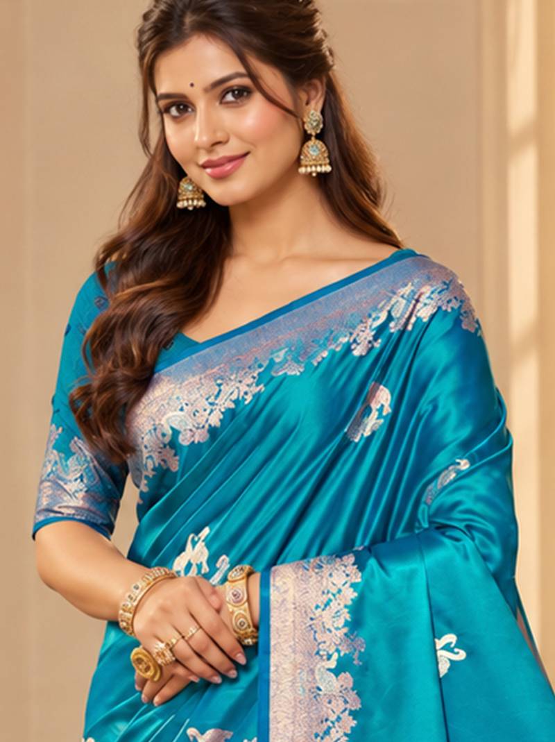 turquoise blue satin woven work traditional saree