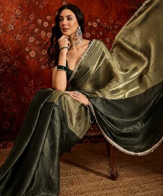 Olive tissue satin embellished saree with unstitched blouse piece. 1