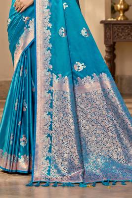 turquoise blue satin woven work traditional saree 4