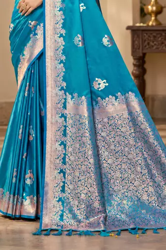 turquoise blue satin woven work traditional saree