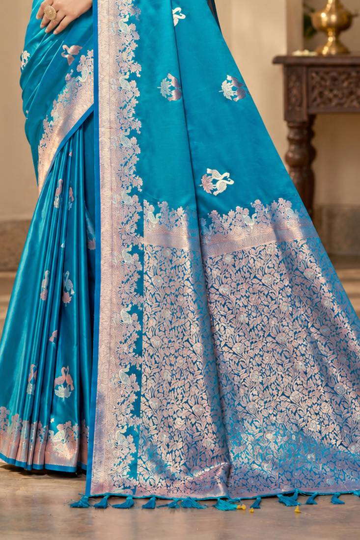 turquoise blue satin woven work traditional saree