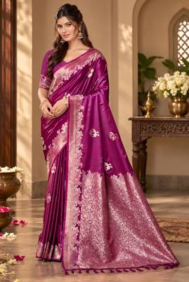 magenta satin woven work traditional saree 1
