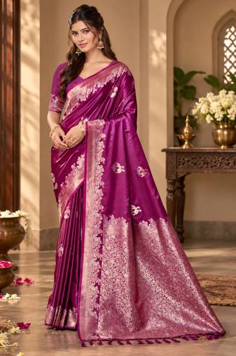 magenta satin woven work traditional saree