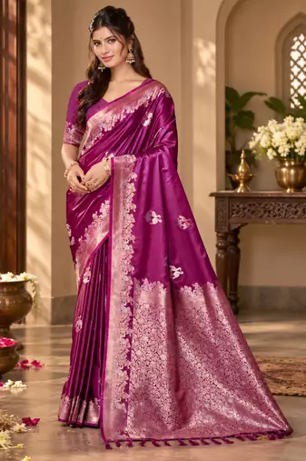 magenta satin woven work traditional saree