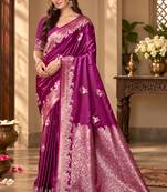 magenta satin woven work traditional saree