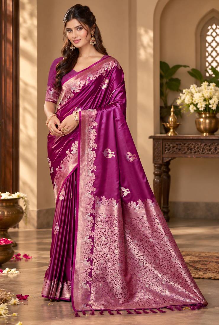 magenta satin woven work traditional saree