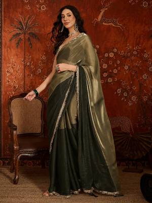 Olive tissue satin embellished saree with unstitched blouse piece. 3
