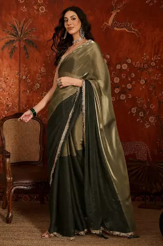 Olive tissue satin embellished saree with unstitched blouse piece.