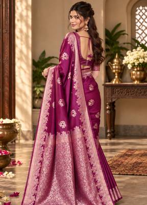 magenta satin woven work traditional saree 2