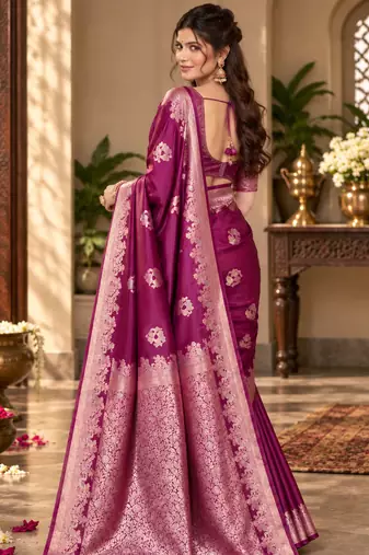 magenta satin woven work traditional saree
