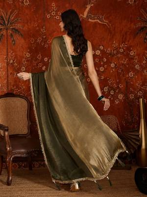 Olive tissue satin embellished saree with unstitched blouse piece. 4