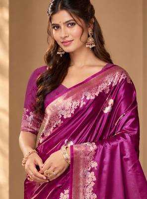 magenta satin woven work traditional saree 3