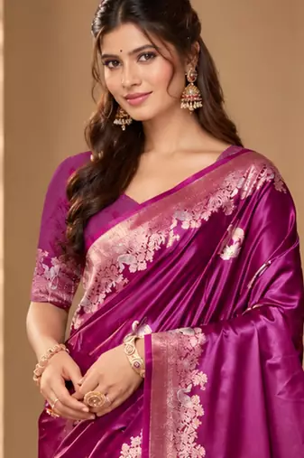 magenta satin woven work traditional saree