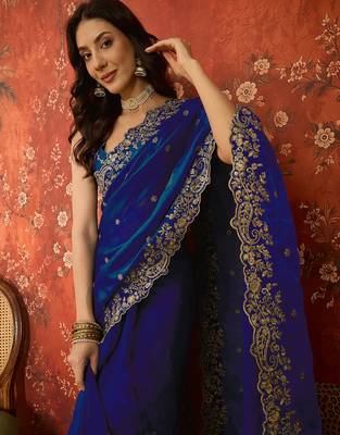 Blue tissue satin embroidered saree with unstitched blouse piece. 2
