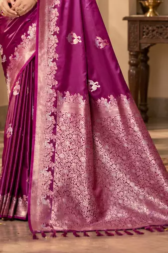 magenta satin woven work traditional saree