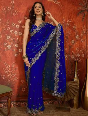 Blue tissue satin embroidered saree with unstitched blouse piece. 1