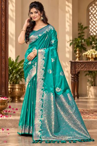 teal blue satin woven work traditional saree