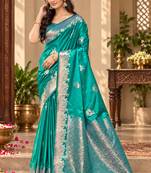 teal blue satin woven work traditional saree