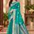 teal blue satin woven work traditional saree