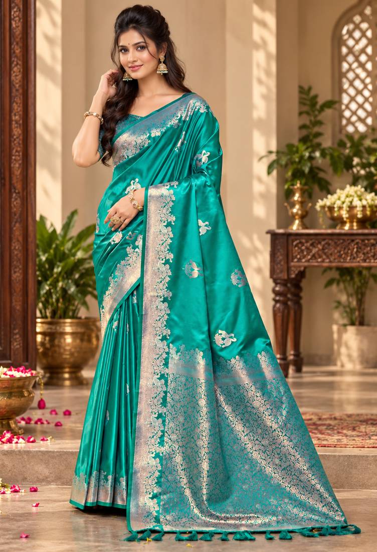 teal blue satin woven work traditional saree