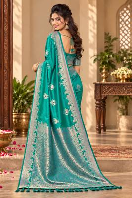 teal blue satin woven work traditional saree 2