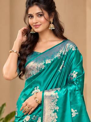 teal blue satin woven work traditional saree 3