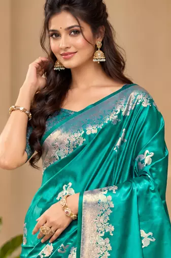 teal blue satin woven work traditional saree