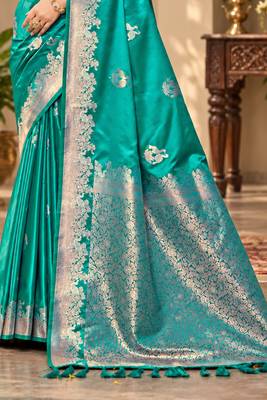 teal blue satin woven work traditional saree 4