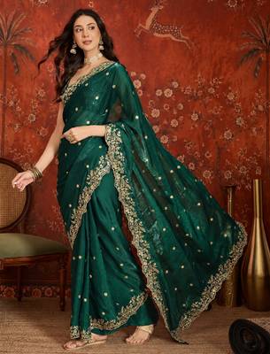 Bottle green tissue satin embroidered saree with unstitched blouse piece. 3
