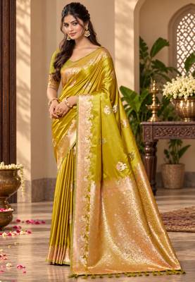 lime yellow satin woven work traditional saree 1