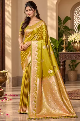 lime yellow satin woven work traditional saree