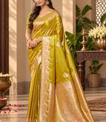 lime yellow satin woven work traditional saree