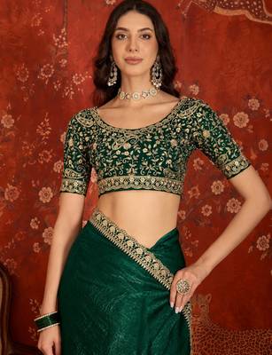 Bottle green tissue satin embroidered saree with unstitched blouse piece. 4