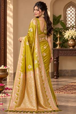 lime yellow satin woven work traditional saree 2