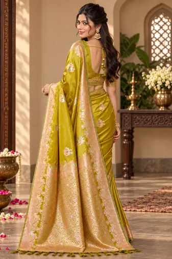 lime yellow satin woven work traditional saree
