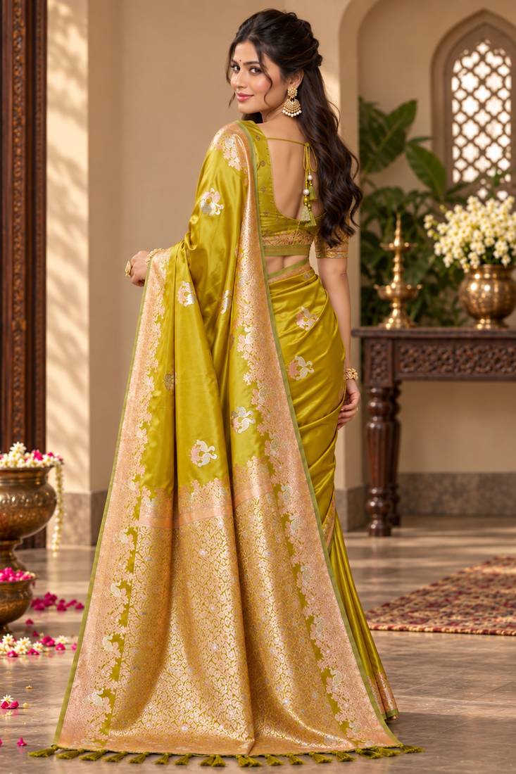 lime yellow satin woven work traditional saree