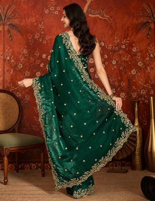 Bottle green tissue satin embroidered saree with unstitched blouse piece. 5